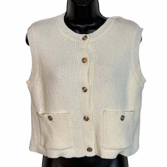 Entro Sweaters - Entro Cream White Textured Knit Sweater Vest Gold Buttons Pockets Crop Top S Y2K